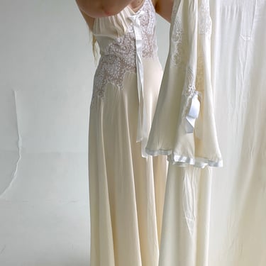 1950's Cream and White Lace Slip and Robe Silk Set
