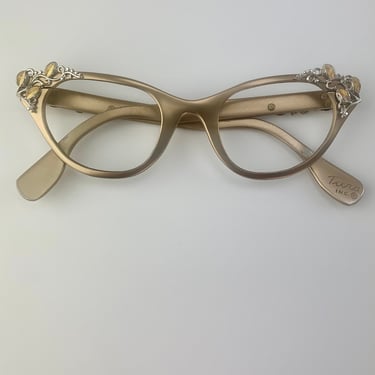 RARE >>Vintage 1950'S Cat Eye Glasses - by TURA - Light Gold Aluminum Frame - Dimensional Leaf Design in Silver & Gold - Optical Quality 