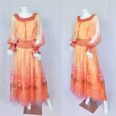 1970's Miss Elliette Orange Chiffon Long Maxi Peasant Dress I Sz Med 