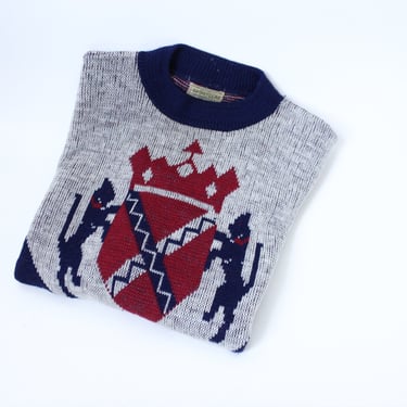 Vintage 40's Wool Sweater, Panther Crest Image, Navy Blue, Red, and Off White - Small / XS 