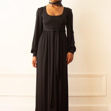 Early 1970s Bloomingdale's Black Matte Jersey Bishop Sleeve Gown 