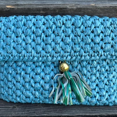 vintage blue raffia clutch 1960s aqua boho handbag envelope purse 