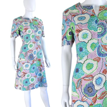 VOLUP 1960s Mod Rainbow Polka Dot Floral Sheath Dress - 1960s Brightly Colored Floral Dress - 1960s Mod Dress | Size Extra Large / Large 