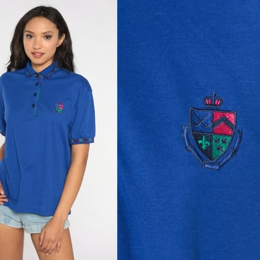 Blue Polo Shirt 90s Top Embroidered Crest Quarter Button Up Tshirt Argyle Trim 1990s Short Sleeve Collared Shirt Vintage Preppy Large L 