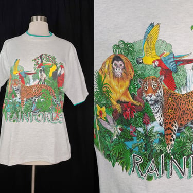 Vintage 90s Wrap Around Rainforest Print T-Shirt - Nineties Small Alore Graphic Print Front and Back Short Sleeve Tee 