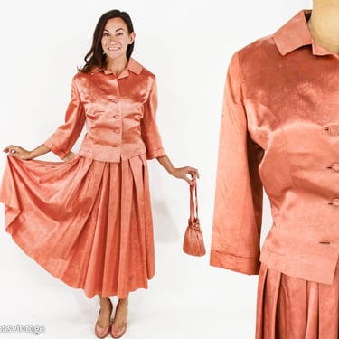1940s Peach Satin Wedding Suit Set | 40s Satin Wedding Suit | 40s Evening Suit |Wedding Suit | Small 