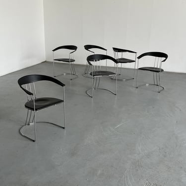 1 of 6 Vintage Postmodern Dining Chairs in Style of Ursula by Arrben, Chromed Steel and Faux Leather, 1970s 