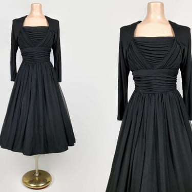 VINTAGE 50s Draped Jersey and Silk Chiffon Party Dress | 1950s Black Gothic Full Sweep Cocktail Dress | VFG 