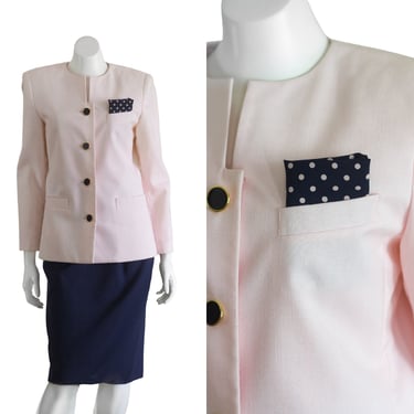 1990s Pink and navy blue skirt suit 