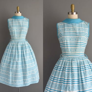1950s vintage dress | Purple Stripe Print Cotton Full Skirt Spring Summer Dress | Medium | 50s dress 