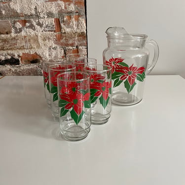 SALE - Vintage Poinsettia Pitcher and Glasses - Set of 7 