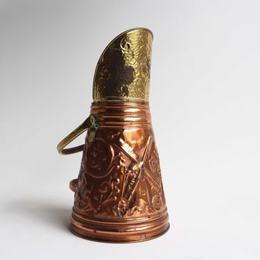 Mid 20th Century Brass Copper Coal Scuttle Umbrella Cane Stand Ash Scuttle Fireplace Bucket Dutch Embossed Mill Farmhouse 1950-1960s 