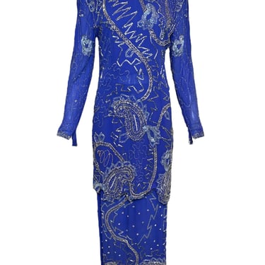 Fabrice 1980s Cobalt Blue Paisley Beaded Gown Ensemble