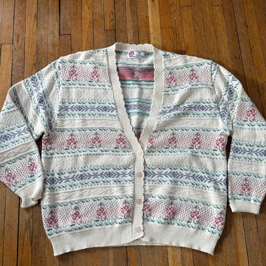 90s cardigan sweater cotton patterned fair isle striped women’s large 