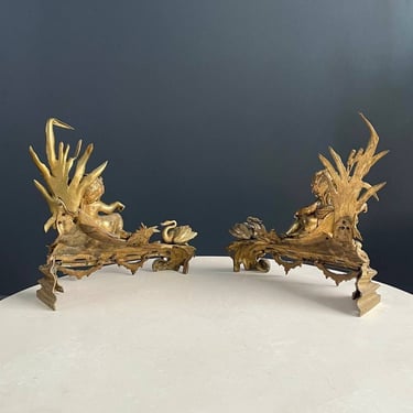 Pair of French Antique Cast Brass Belle Epoque Style Andirons, c.1,920’s 