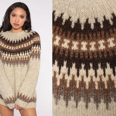 Icelandic Wool Sweater Fair Isle Sweater 80s Knit Sweater Boho Nordic Ski Bohemian Knit Retro Pullover Taupe Brown Large xl l 