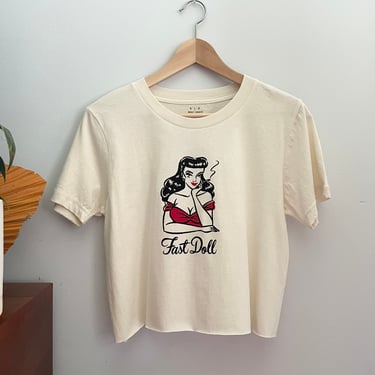 Fast Doll smoking rockabilly pinup girl off-white cotton cropped tee 