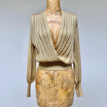 Vintage 1970s Gold Lurex Knit, 70s Rock Star's Girlfriend Sweater, Sexy Ribbed Plunging V Neck Top, Long Sleeve Metallic Pullover, Large 