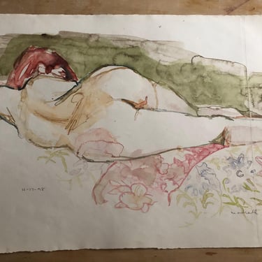 Vintage Figurative Reclining Nude Woman, Watercolor Painting on heavy Rives French paper, signed and dated 1998, LGBTQ gift 