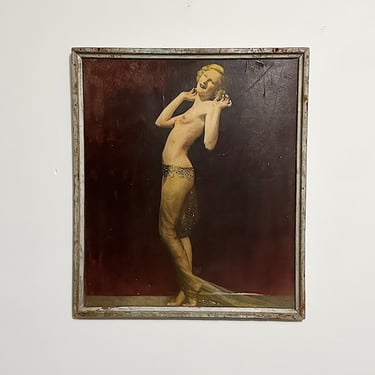 1930s Burlesque Theater Panel with Painted Photo of Nude Dancer on Wood - Antique Underground Antique - East Coast History - 23" x 20" 