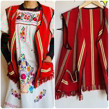 Vintage 60s 70s Boho Grunge Red Tapestry Fringe Vest Festival Hippie Western M/L 