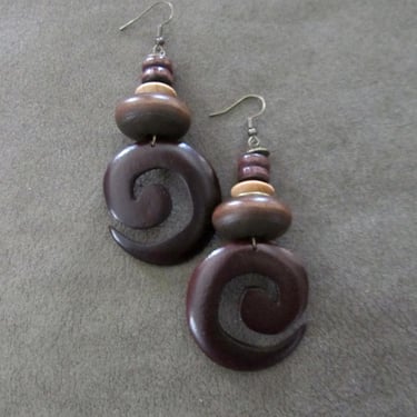 Large spiral natural wooden earrings 