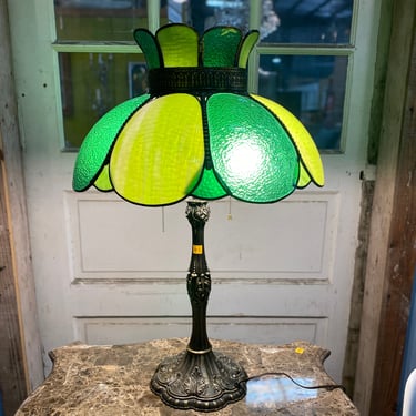 2-Light Table Lamp with Green Glass Shade
