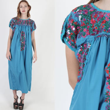 Aqua San Antonio Embroidered Oaxacan Maxi Dress, Long Made In Mexican Puebla  Dress 
