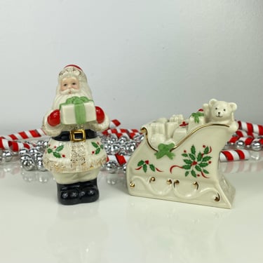 Lenox Santa and Sleigh Salt and Pepper Shaker Set, Santa holding Present , Sleigh toys teddy bear, Lenox Holiday Christmas Collectible 