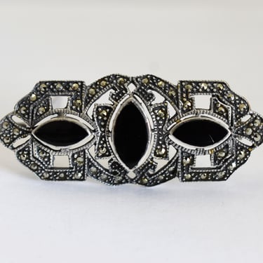 40's Art Deco sterling onyx marcasite geometric brooch, architectural 925 silver black stone pyrite pin 