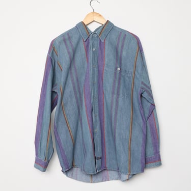 grunge striped GREY vintage 1980s 90s short sleeve button up men's size LARGE oversize 