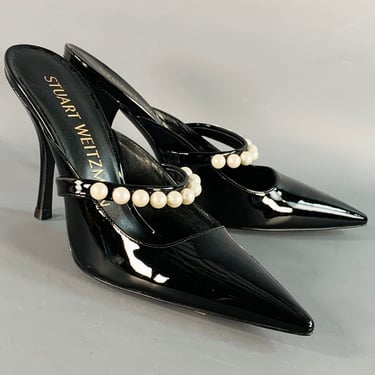 STUART WEITZMAN Size 7.5 Black Patent Leather Faux Pearl Pointed Toe Pumps
