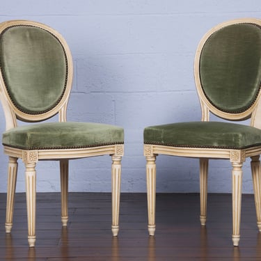 Antique French Louis XVI Style Painted Side Chairs W/ Green Velvet - A Pair 