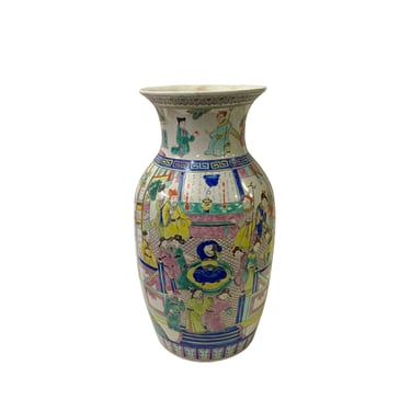Vintage Chinese White Porcelain Color People House Scenery Graphic Vase ws3386E 