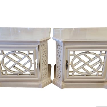 Hollywood Regency Chippendale Fretwork Mirrored Nightstands 