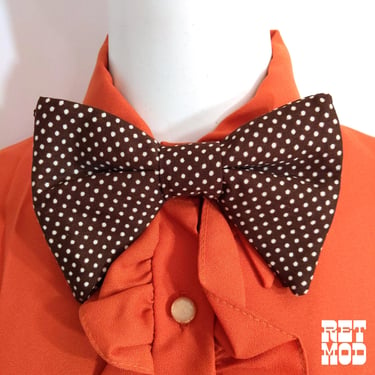 Iconic Vintage 70s Brown & White Polka Dot Oversized Adjustable Bow Tie 