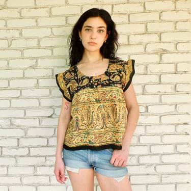 Indian Floral Blouse // vintage 70s boho cropped crop top dress hippie black yellow 70's 1970's 1970s Indian hippy // S/M 