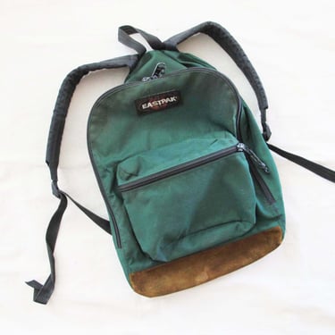 Vintage Eastpak Green Leather Bottom Backpack - 1980s Made in USA Nylon School Rucksack 