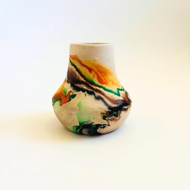 Nemadji Pottery Vase - Orange and Green Swirls 