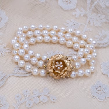 Triple Strand Pearl Bracelet With Rose Diamond Clasp