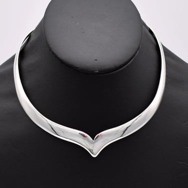 90's tribal pointed sterling torque necklace, edgy graduated Mexico 925 silver adjustable collar 