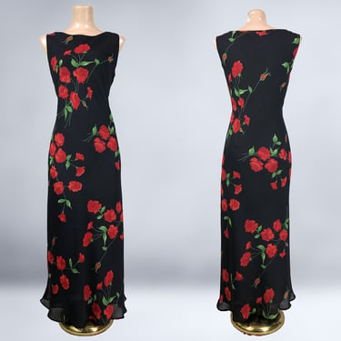 VINTAGE 90s Sheer Georgette Red Rose Floral Maxi Dress M/L | 1990s does 1930s Bias Gothic Black Roses Dress | VFG 