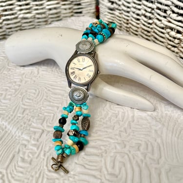 Beaded Bracelet Watch Strap, Vintage Wrist Watch,  Statement Bracelet, Multi Strand, Fossil Brand 