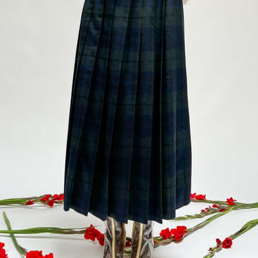 Forest Wool Plaid Pleated Skirt (M)