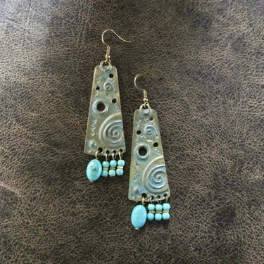 Large blue patina chandelier earrings 