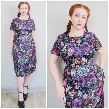 1960s Vintage Acetate Abstract Print Dress / 60s / Sixties Purple and Blue Wiggle Dress / Size Large 