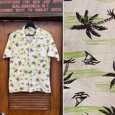 Vintage 1950’s “Topflight” Atomic Palm Tree Cotton Loop Collar Rockabilly Shirt, 50’s Vintage Clothing 