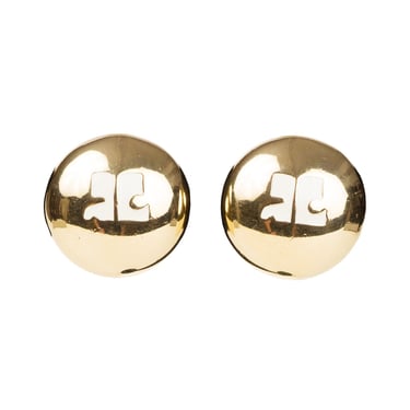 Courrèges 1980s Vintage Enamel Logo Gold-Tone Round Clip-On Earrings 