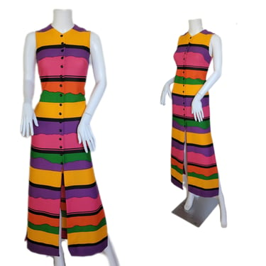 1960's Juicy Fruit Rainbow Stripe Long Maxi Dress I Sz Med I Gay Gibson 