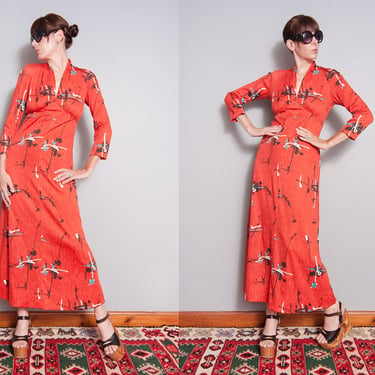 Vintage 1970's | Printed | Patterned | Empire Waist | Maxi | Dress | S 